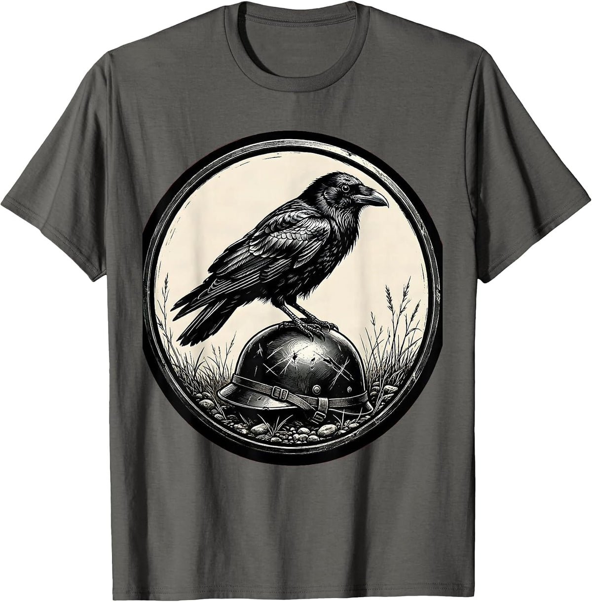 Crow on Fallen Soldier Helmet Memorial Design T-Shirt - Asphalt Grey