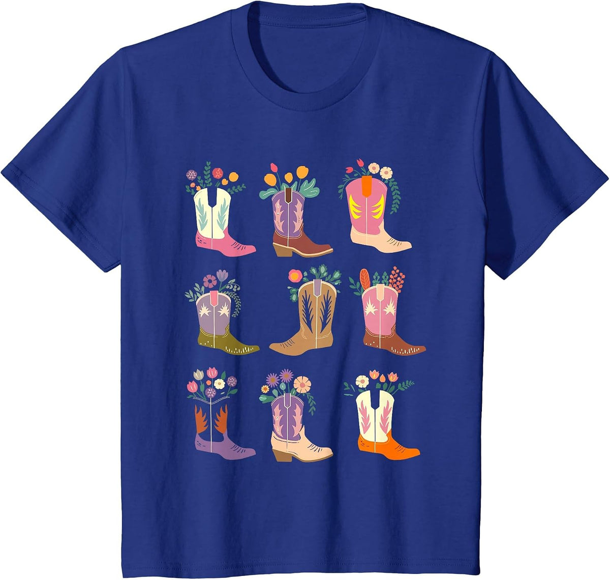 Floral Cowgirl Boots Western Rodeo Country Equestrian T-Shirt - Royal Blue