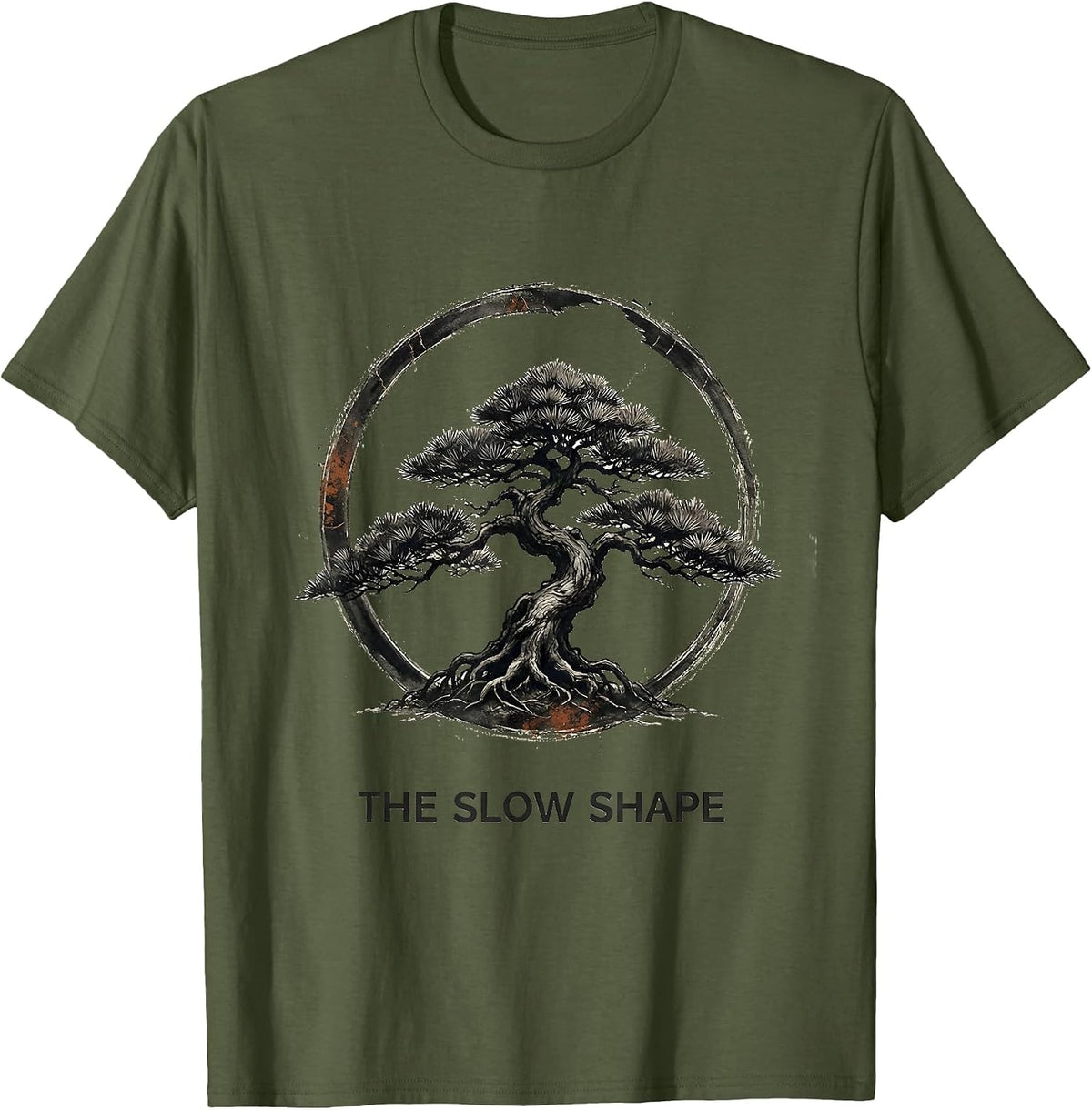The Slow Shape Distressed Bonsai Tree Zen Enso Gift T-Shirt - Olive Green