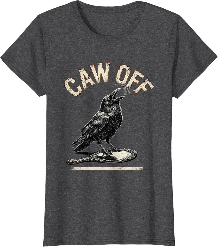 Women's CAW OFF Distressed Crow Gothic Bird Lover Humor T-Shirt - Dark Heather Grey