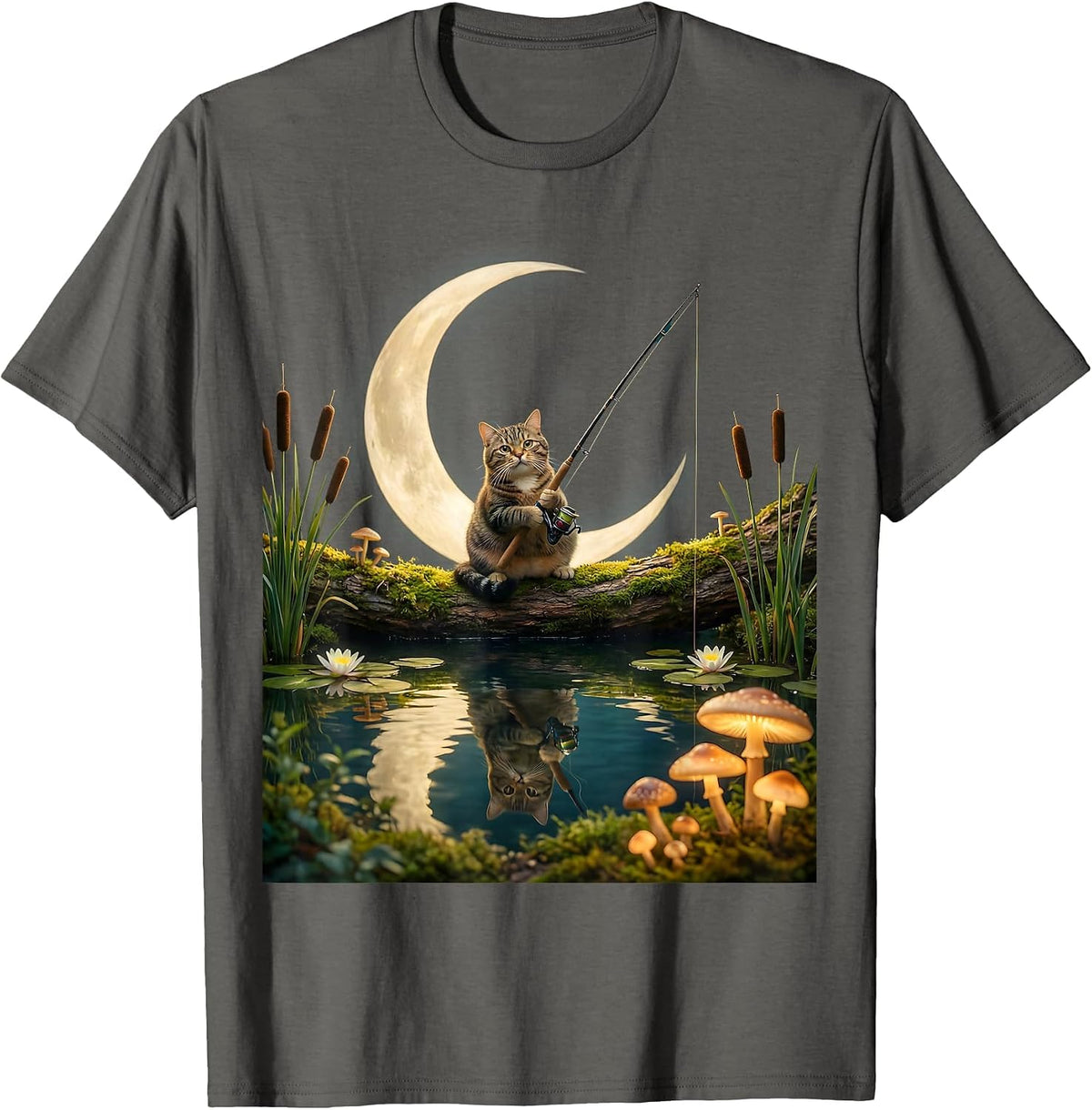 Tabby Cat Fishing at Moonlit Pond T-Shirt - Asphalt Grey