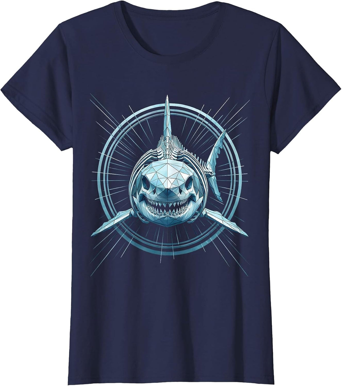 Women's Glowing Shark Skeleton Deep Ocean Illustration T-Shirt - Navy Blue