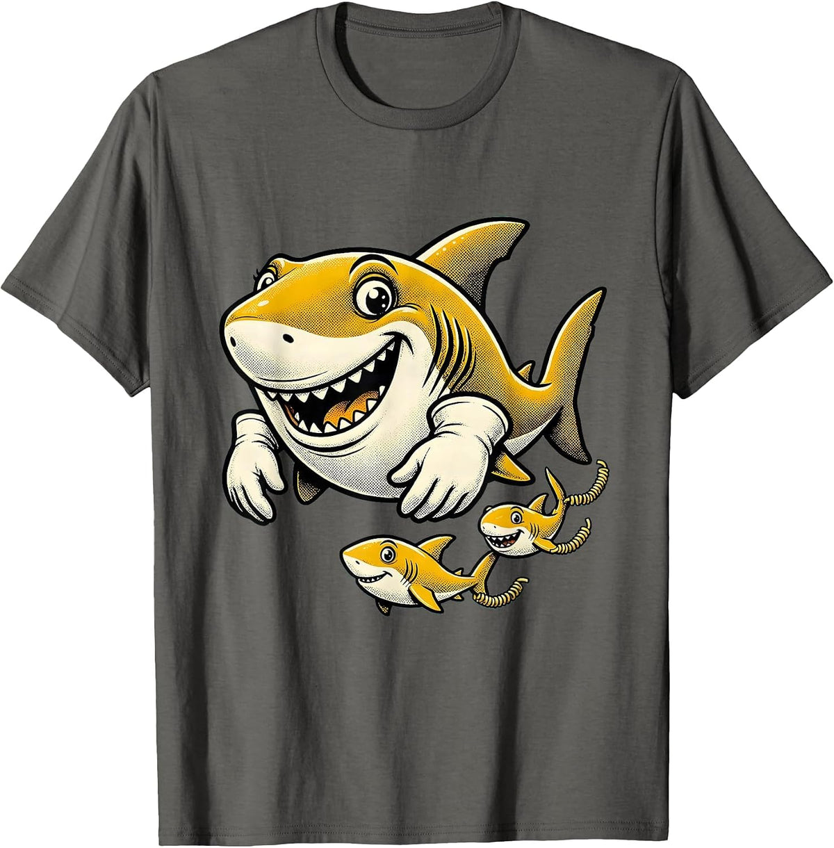 Men's Mama Shark and Pups Swimming in Formation T-Shirt - Asphalt Grey