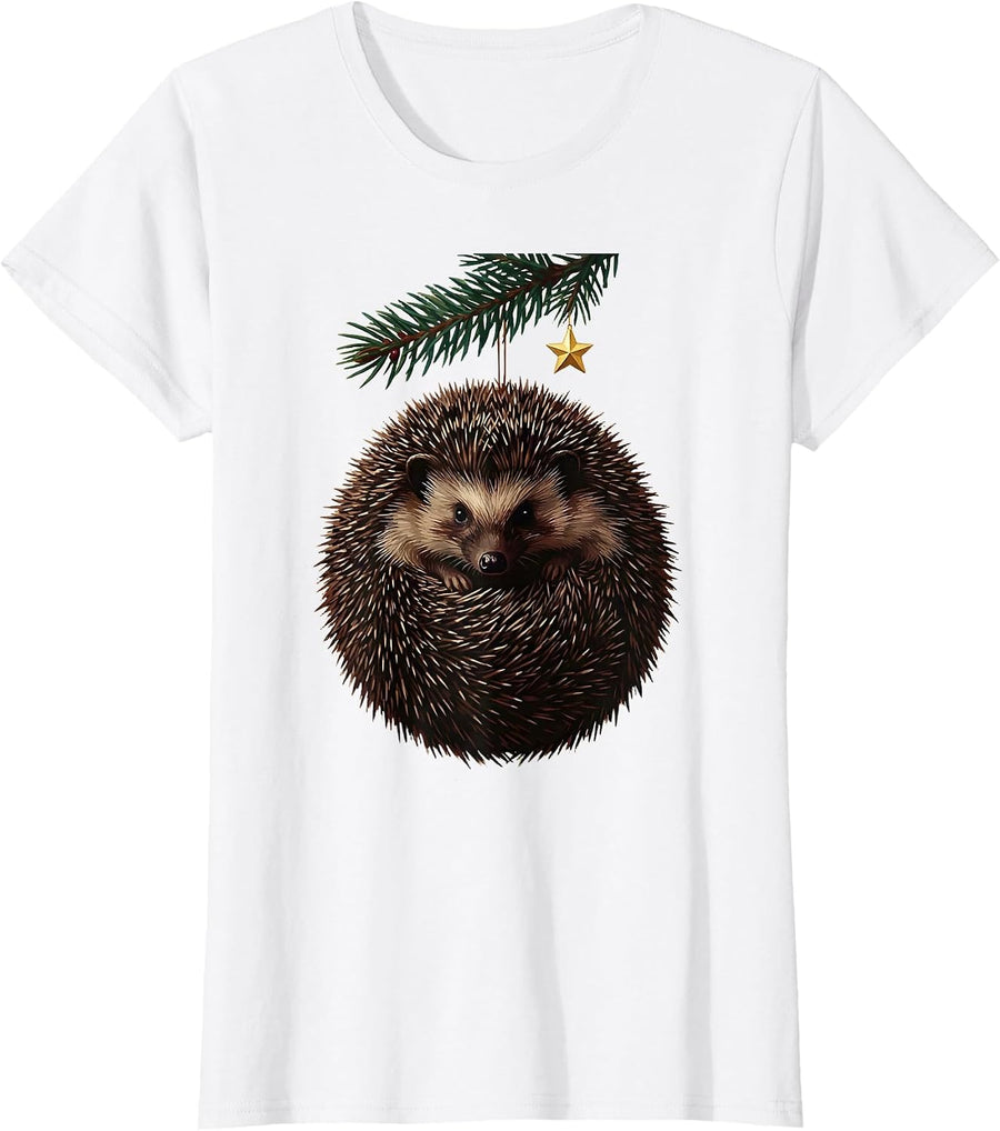 Women's Curled Hedgehog Ornament Cute Christmas Hedgehog Lover Gift T-Shirt - White