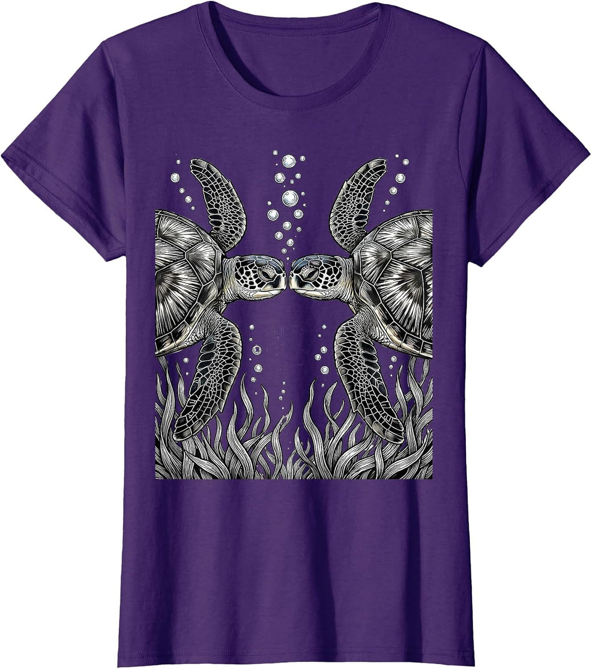 Women's Two Turtles Nose to Nose Underwater Art T-Shirt - Purple