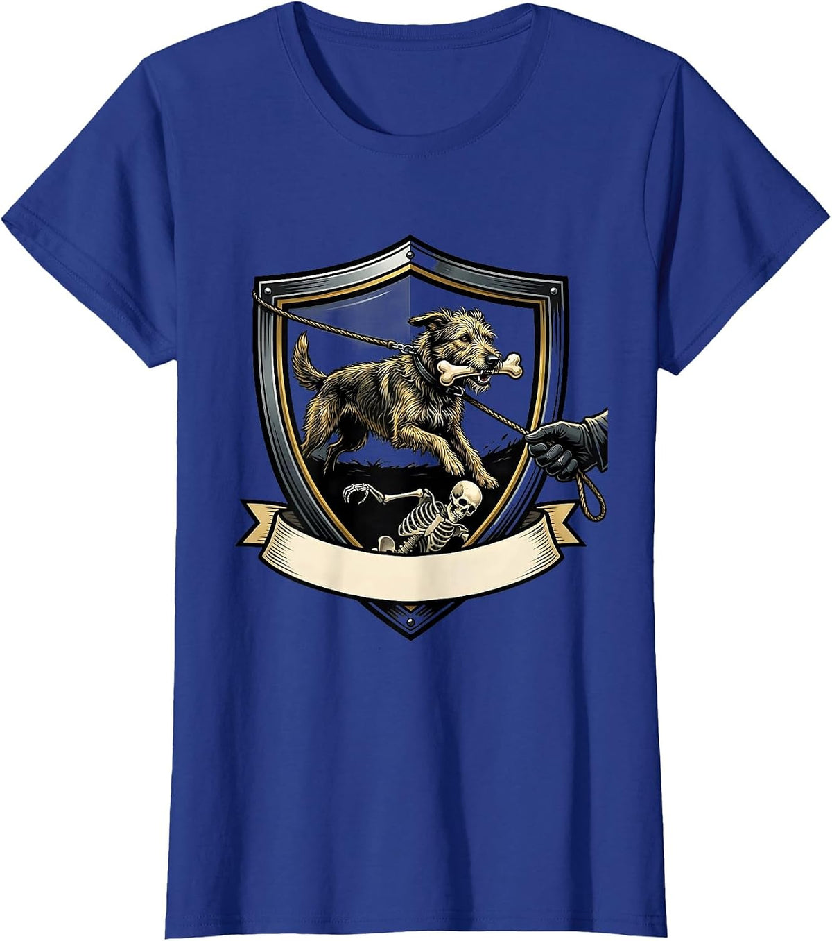 Women's Halloween Skeleton Chasing Irish Wolfhound Dog Mom Humor T-Shirt - Royal Blue