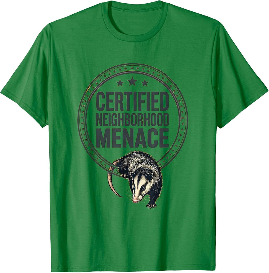Men's Certified Neighborhood Menace Funny Opossum Meme Animal T-Shirt - Kelly Green