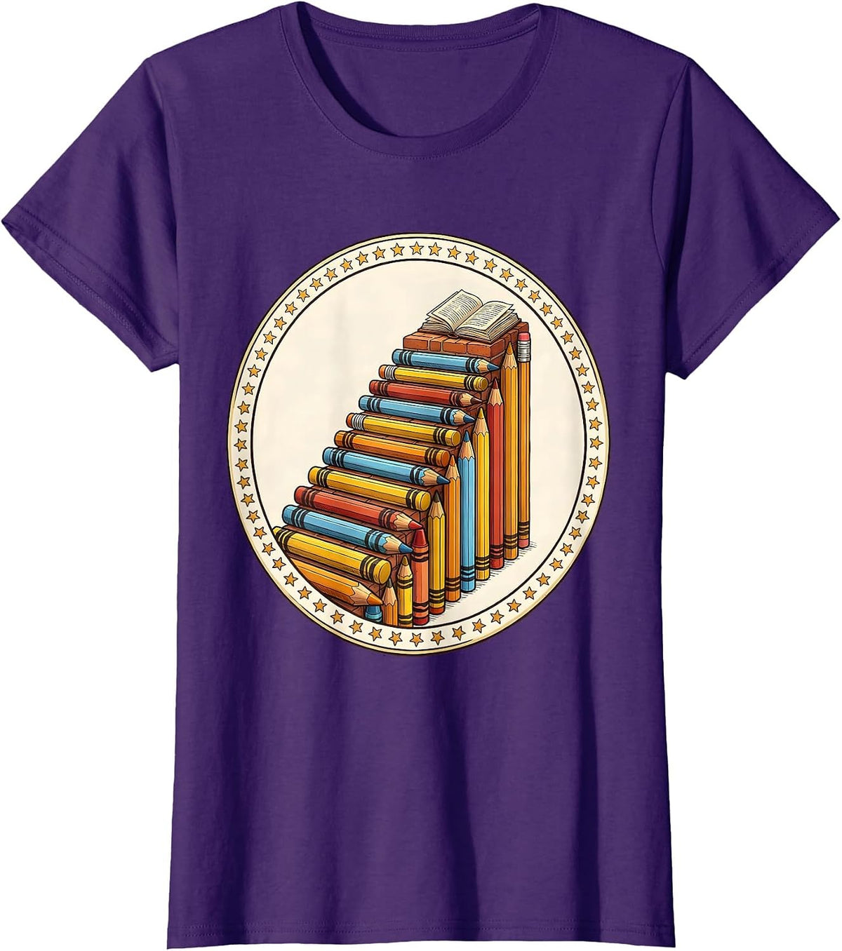 Women's Special Education Crayon Pencil Staircase Design T-Shirt - Purple