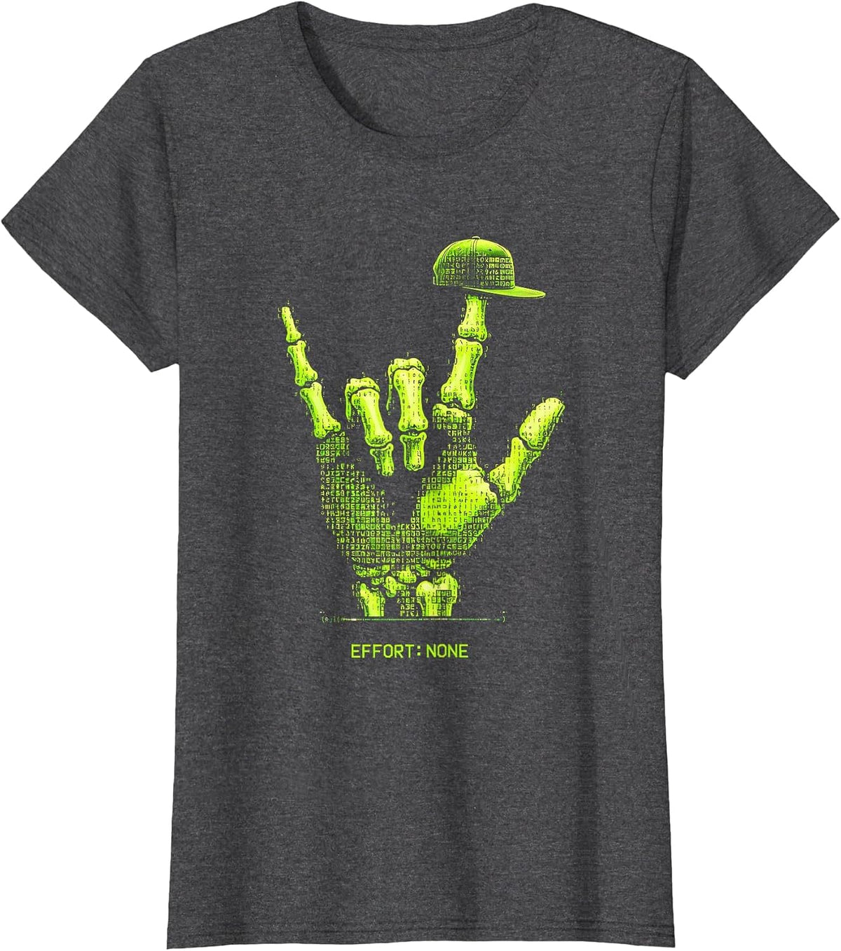 Women's Effort: None Ascii Terminal Art Skeleton Rock On Bruh T-Shirt - Dark Heather Grey