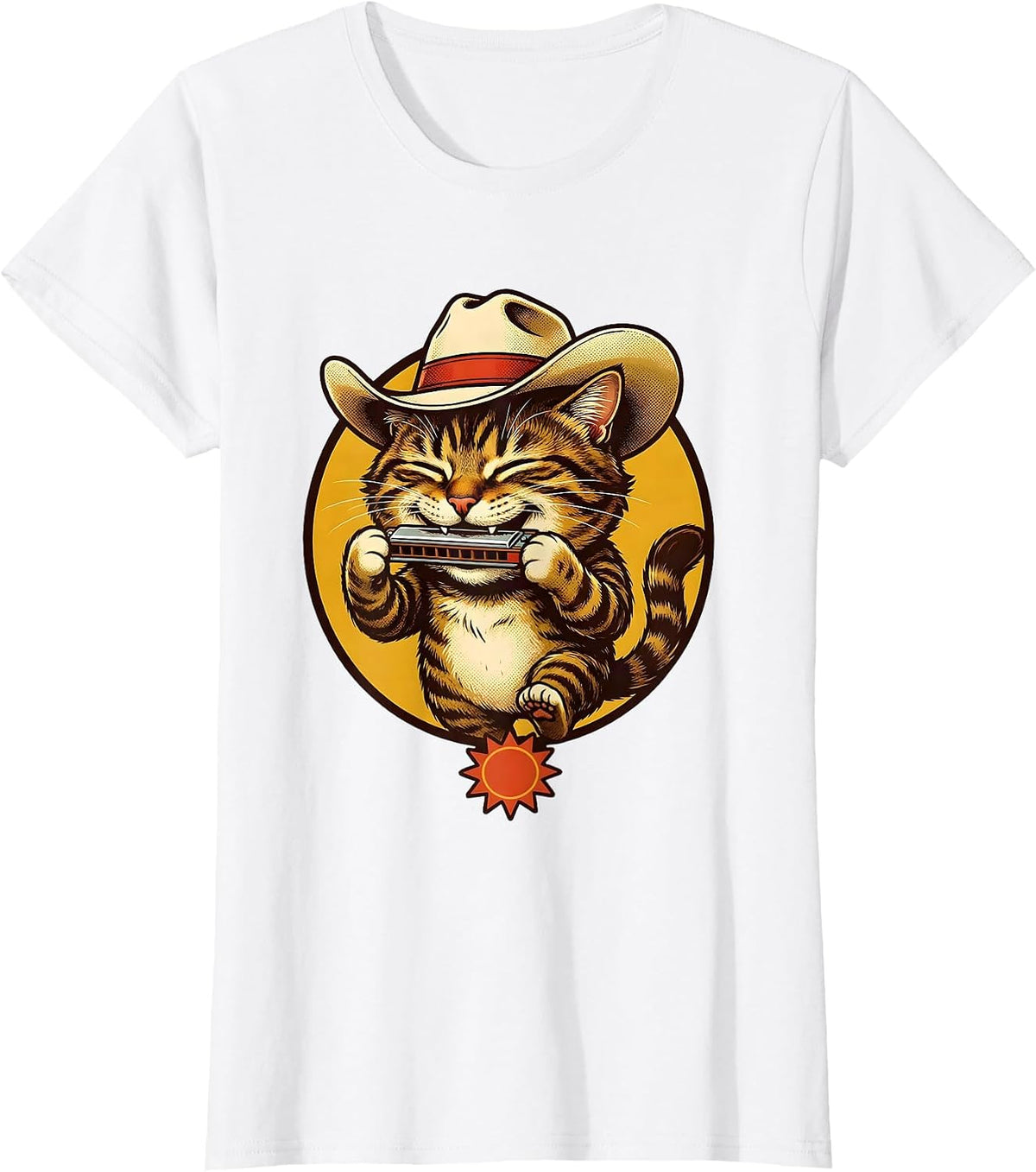 Women's Meowboys Tabby Cat Harmonica Cattleman Hat T-Shirt - White