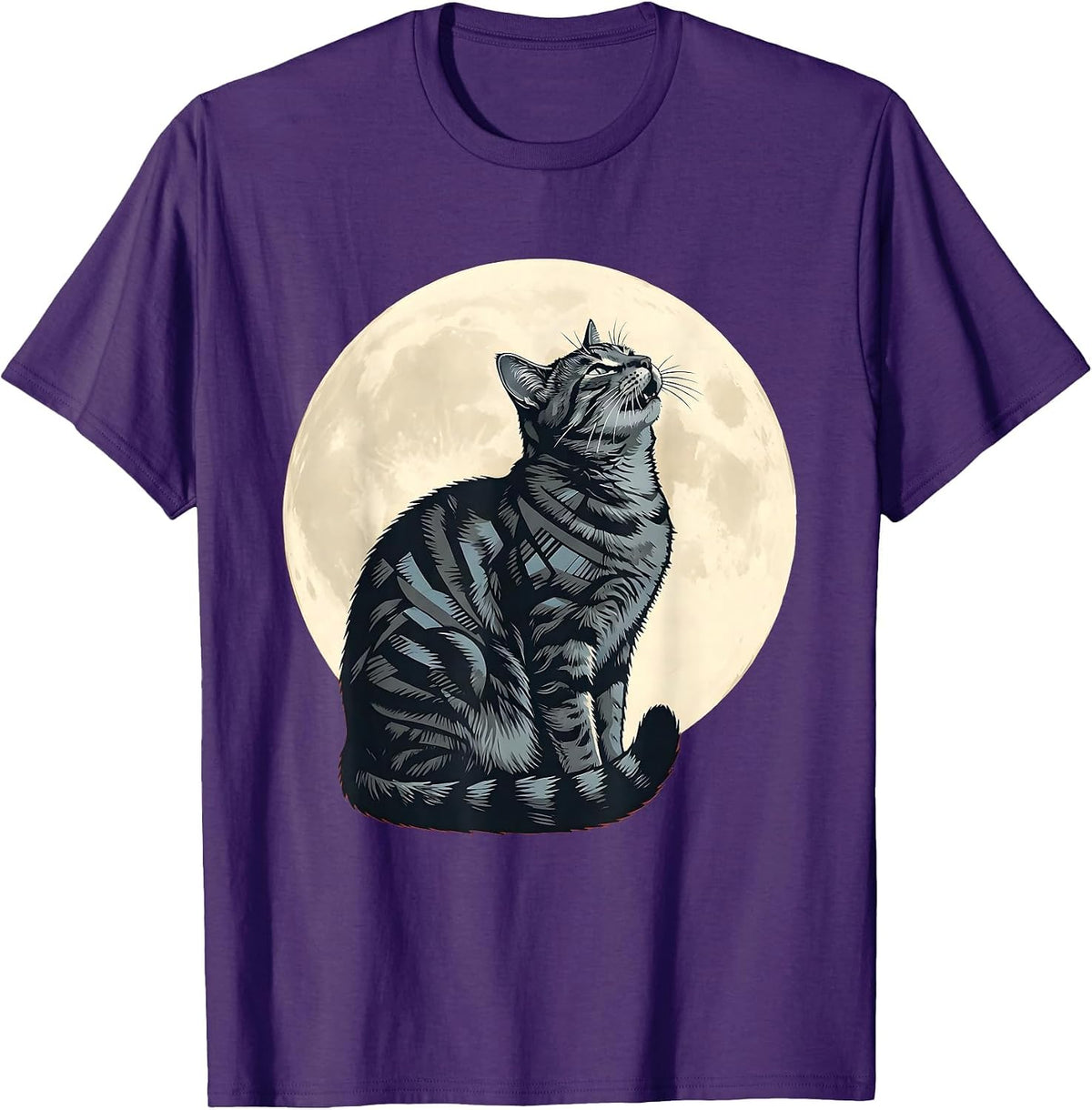 Gray Tabby Howling at Moon 90s Retro Novelty T-Shirt - Purple