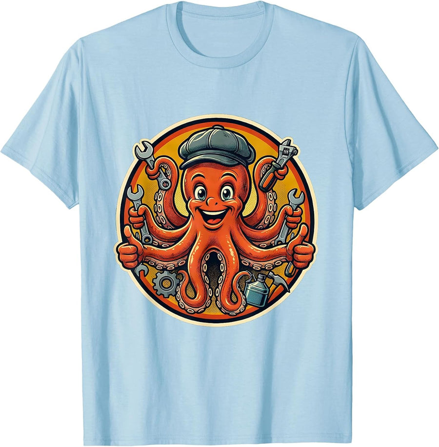 Men's Octopus Mechanic Graphic Tee Funny Auto Repair T-Shirt - Baby Blue