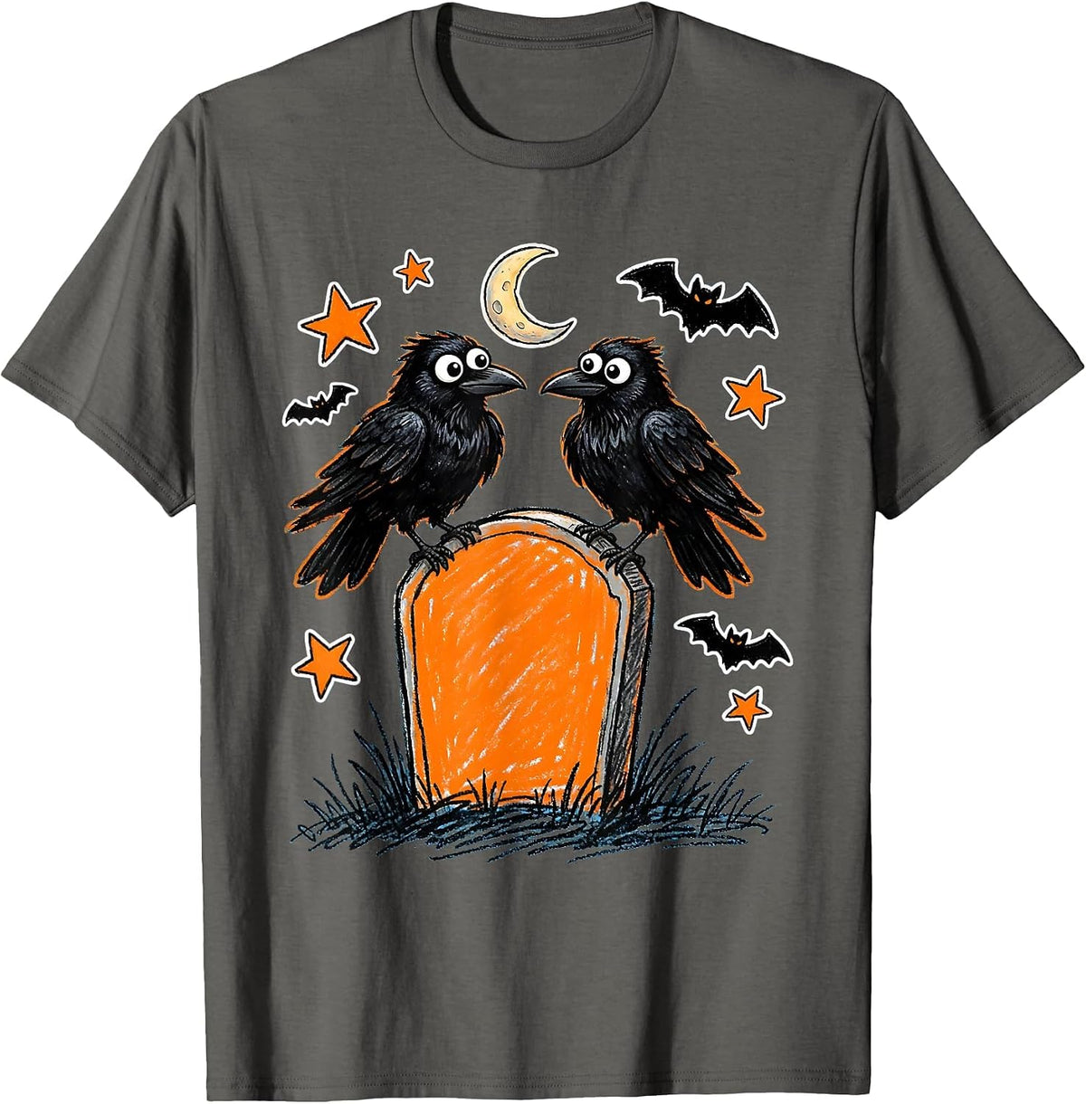 Twin Ravens on Tombstone Halloween Gothic Design T-Shirt - Asphalt Grey