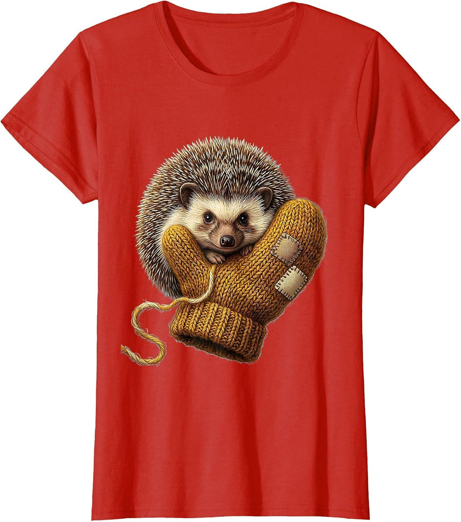 Women's Plump Hedgehog In Mitten Cute Animal Lover Gift T-Shirt - Red