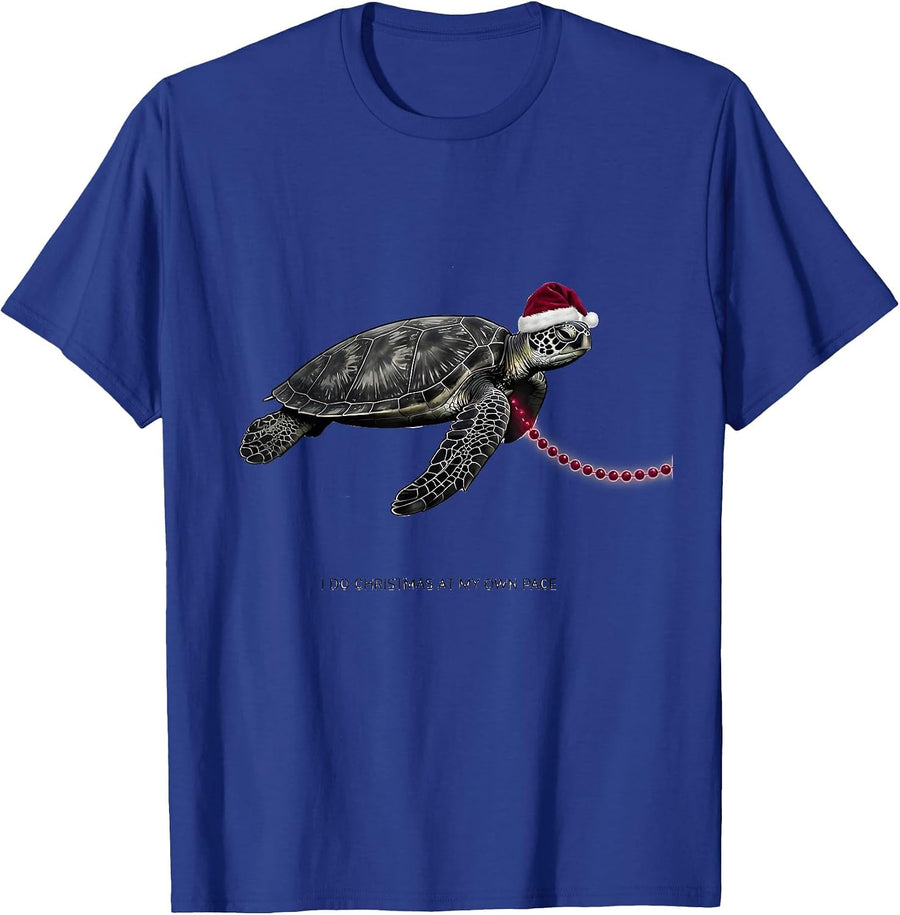 I Do Christmas At My Own Pace Whimsical Sea Turtle Santa Hat T-Shirt - Royal Blue