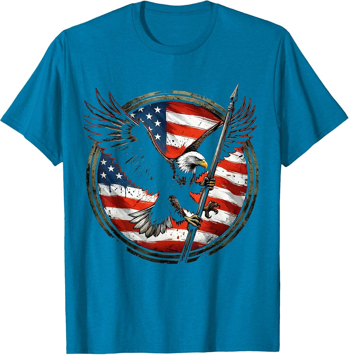 Eagle Gripping Flagpole Patriotic Graphic Design T-Shirt - Sapphire Blue