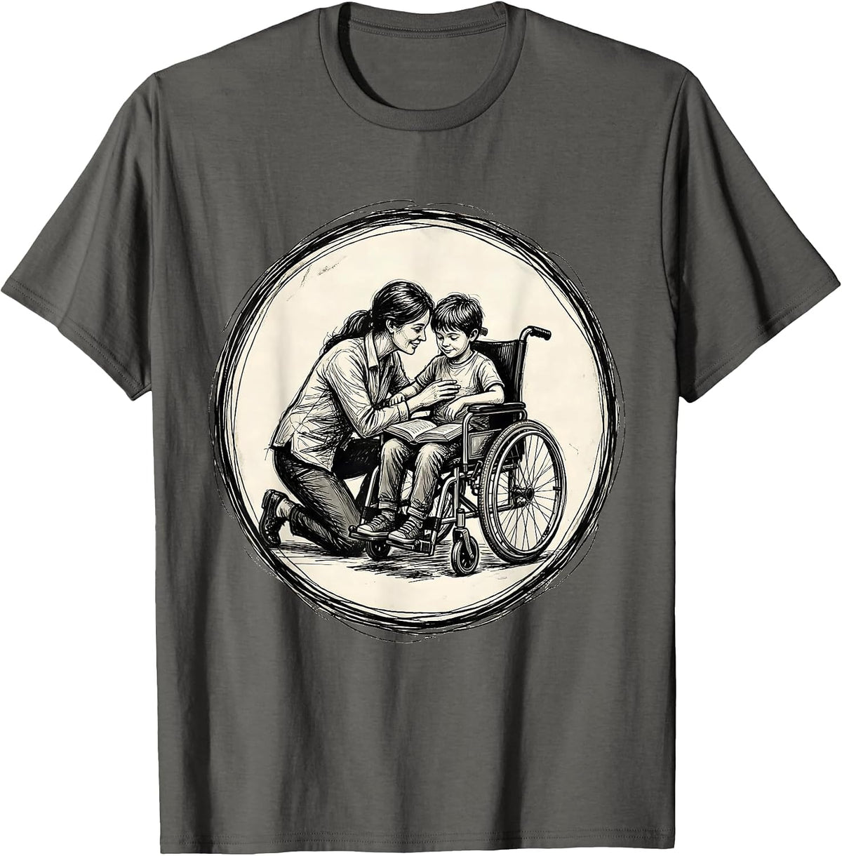 Special Education Teacher and Student Wheelchair Art T-Shirt - Asphalt Grey