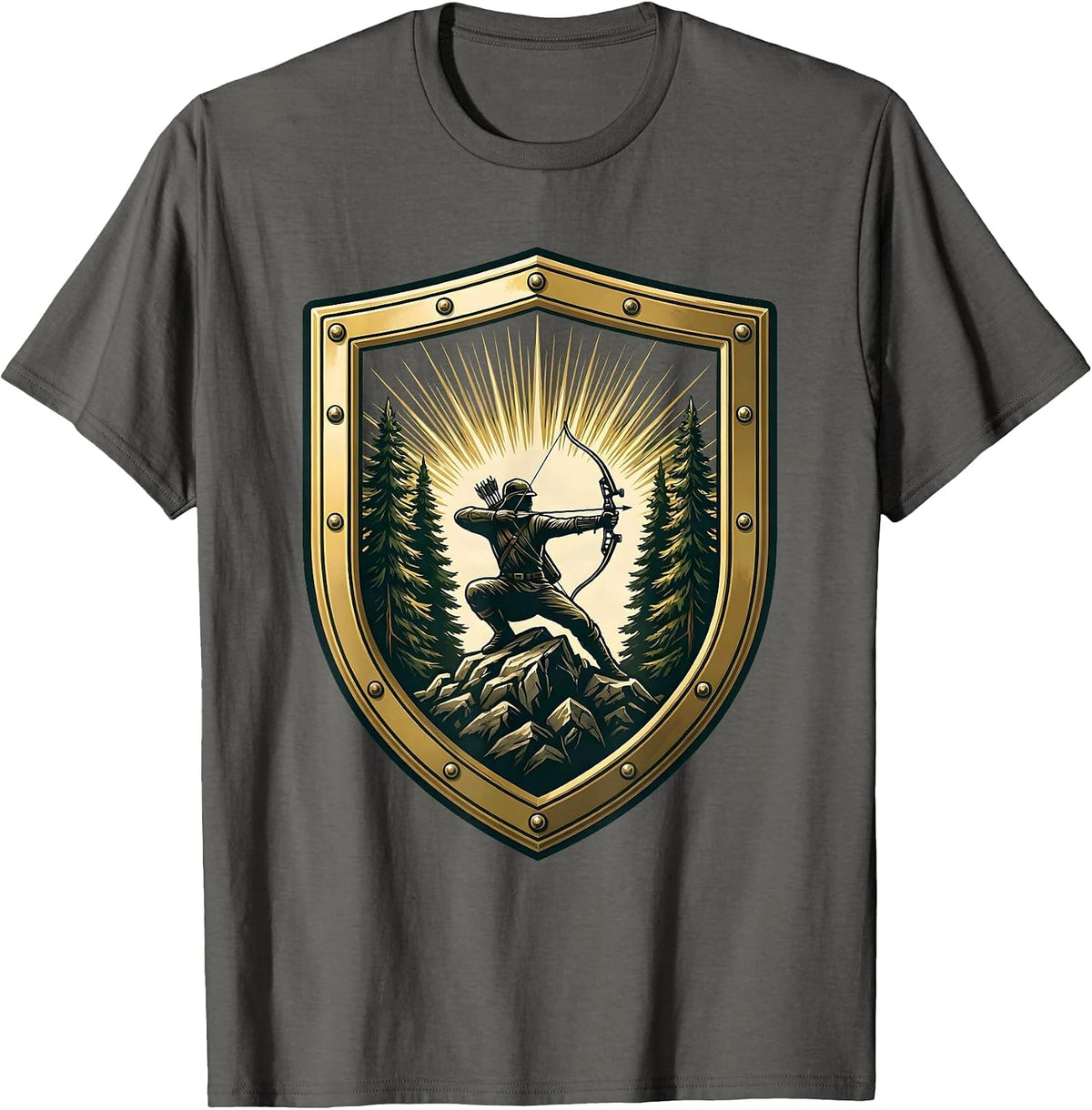 Bowhunter Crouched Behind Rocky Outcropping T-Shirt - Asphalt Grey