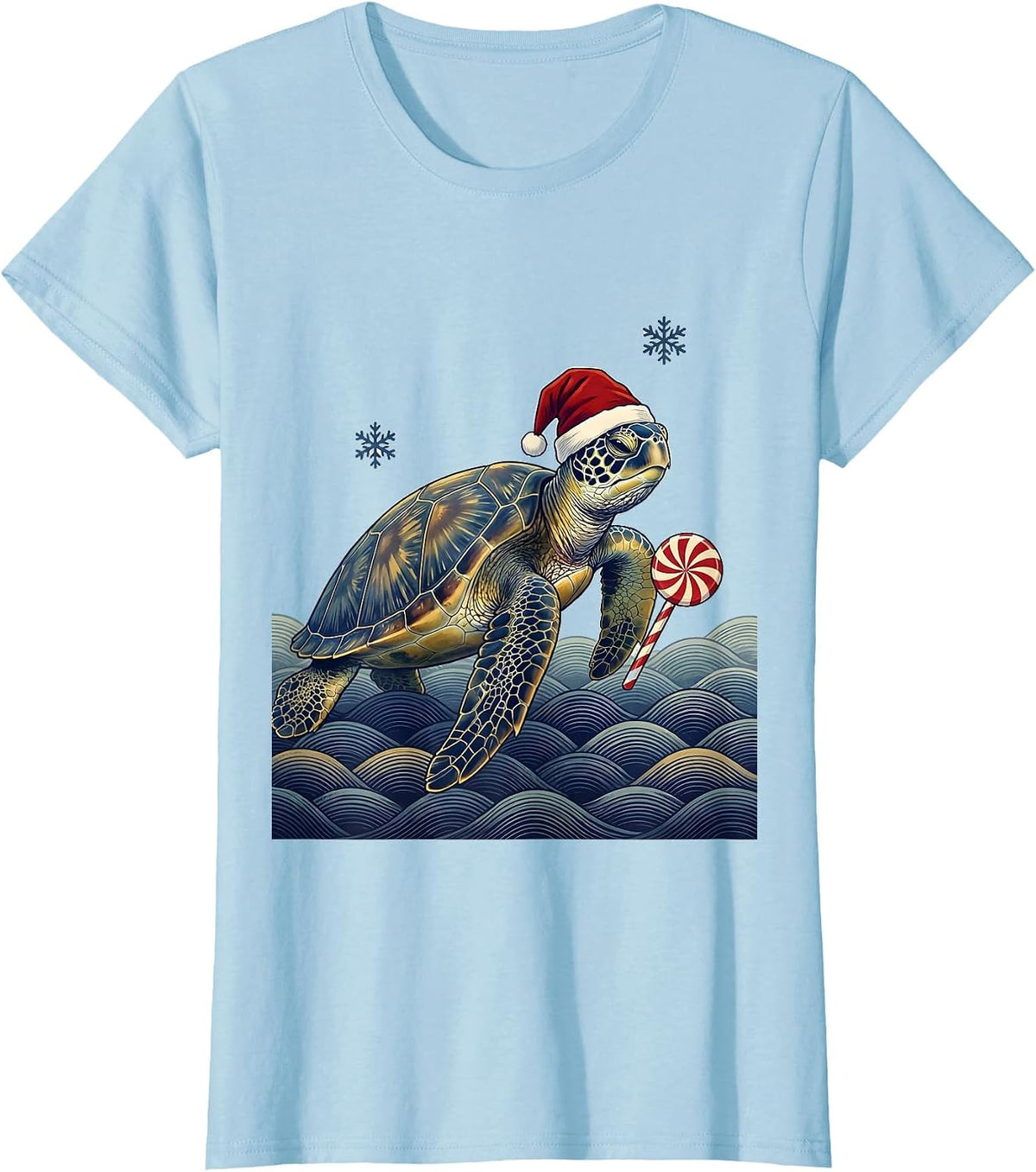 Sea Turtle Santa Hat Ukiyo-e Christmas Novelty T-Shirt - Baby Blue