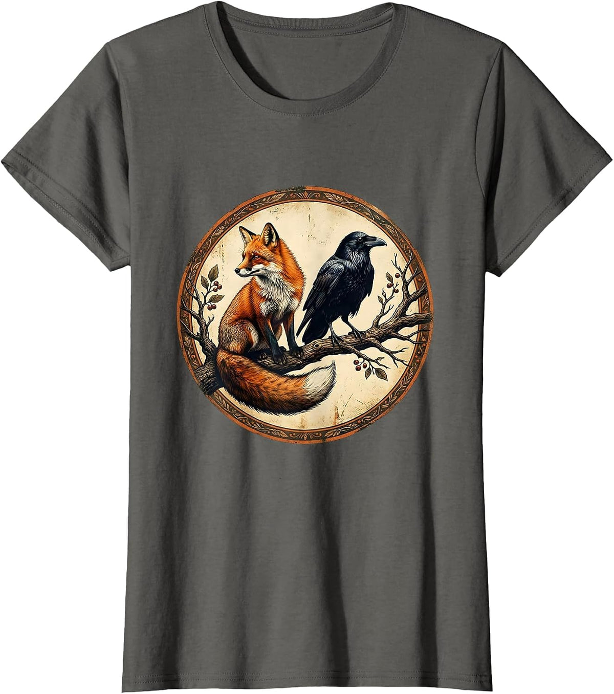 Women's Fox and Raven Perched Together on Branch T-Shirt - Asphalt Grey