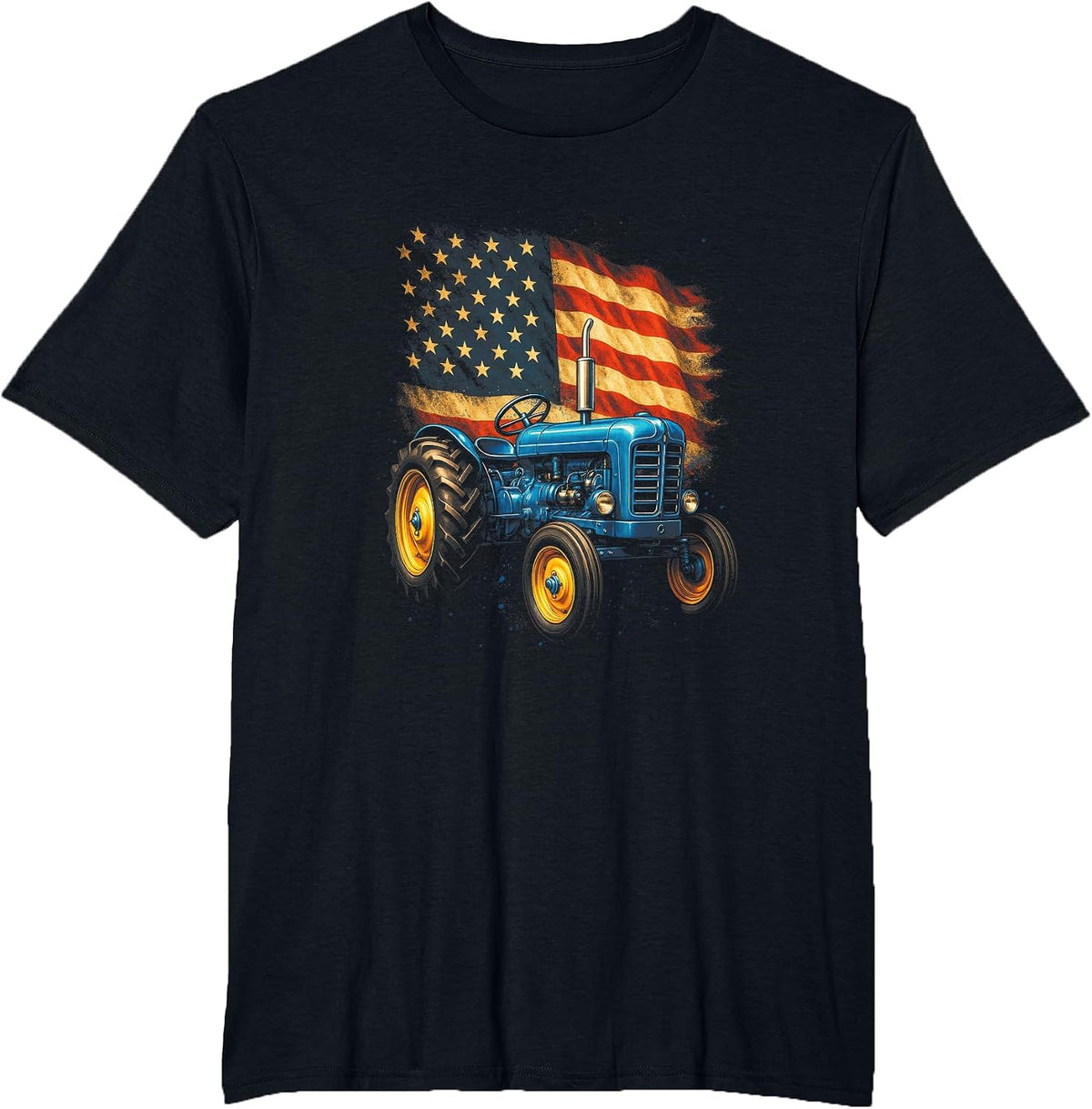 Vintage Tractor with American Flag - Patriotic Farm USA T-Shirt - Black