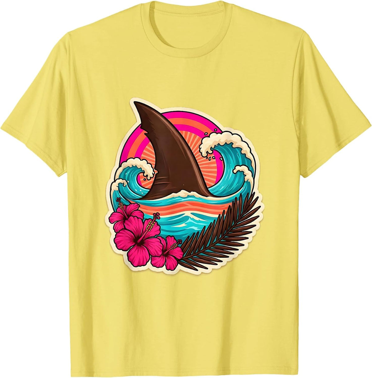 Men's Kids Shark Fin Ocean Waves Hawaiian Design T-Shirt - Lemon Yellow