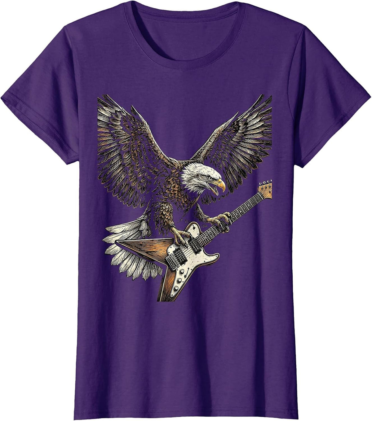 Women's Bald Eagle Flying-V Guitar Rock and Roll Graphic T-Shirt - Purple