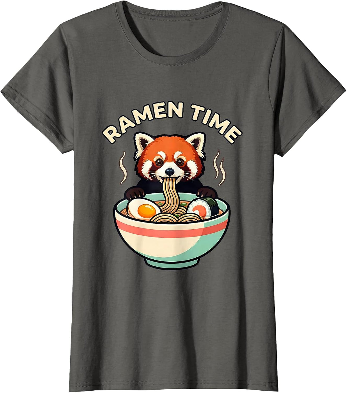 Women's Ramen Time Cute Kawaii Red Panda Eating Ramen Animal Lover T-Shirt - Asphalt Grey