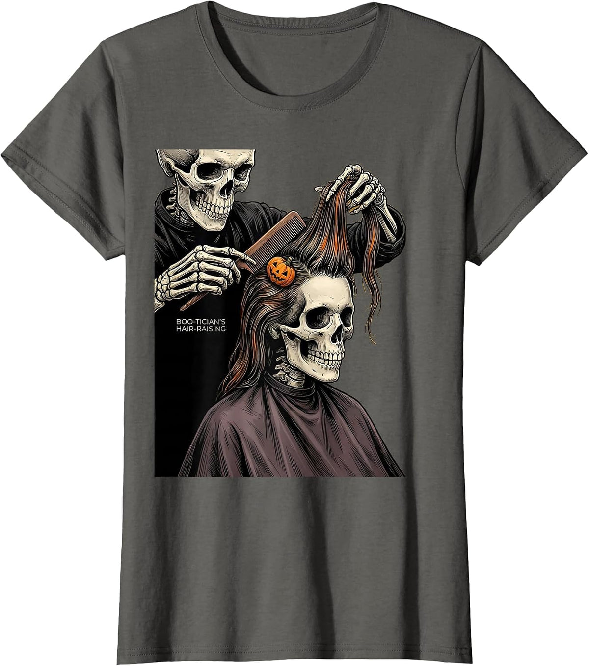Women's Boo-tician's Hair-Raising Funny Skeleton Hairdresser T-Shirt - Asphalt Grey