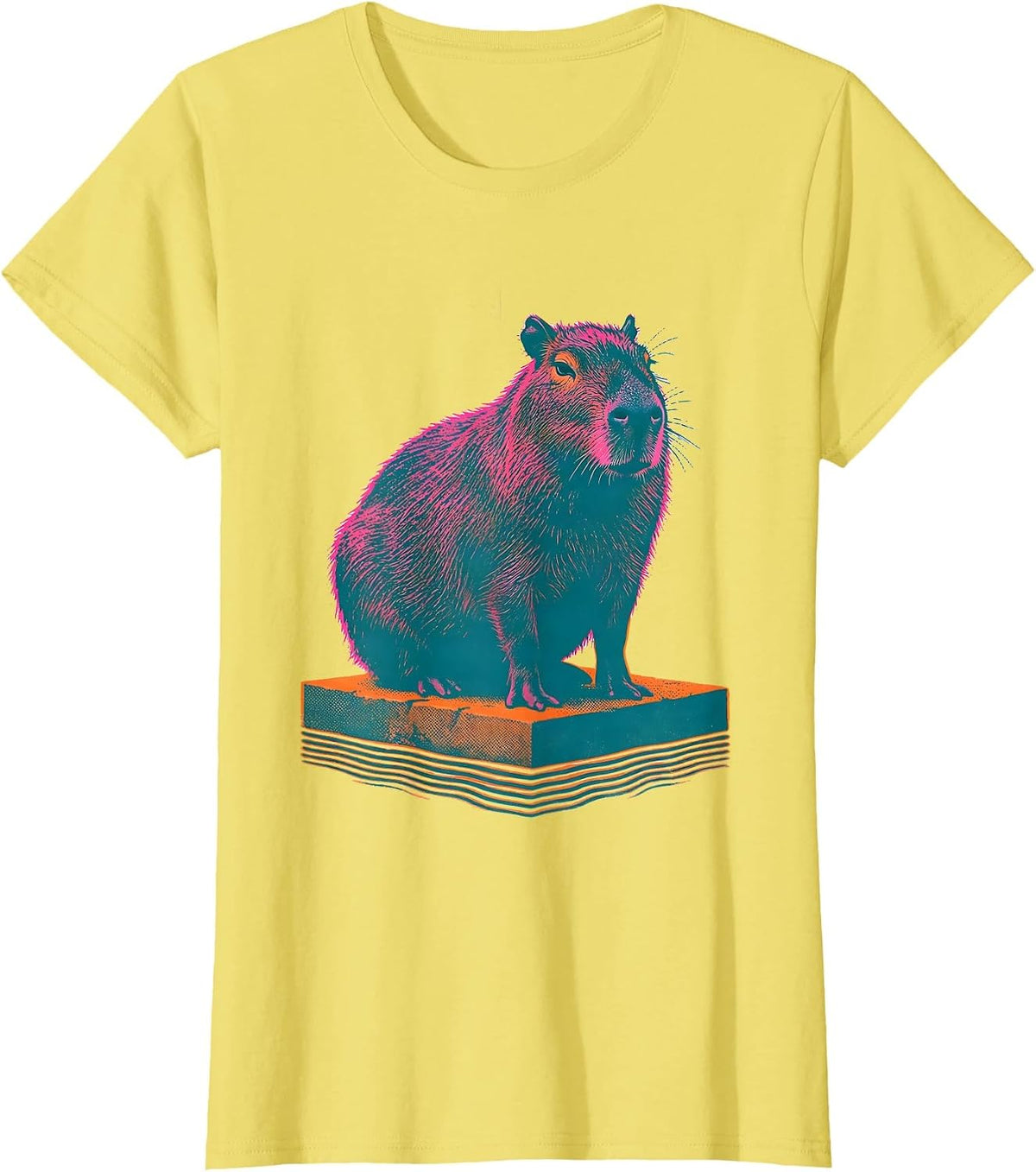 Capybara Silhouette Funny Animal Lover Risograph Art T-Shirt - Lemon Yellow