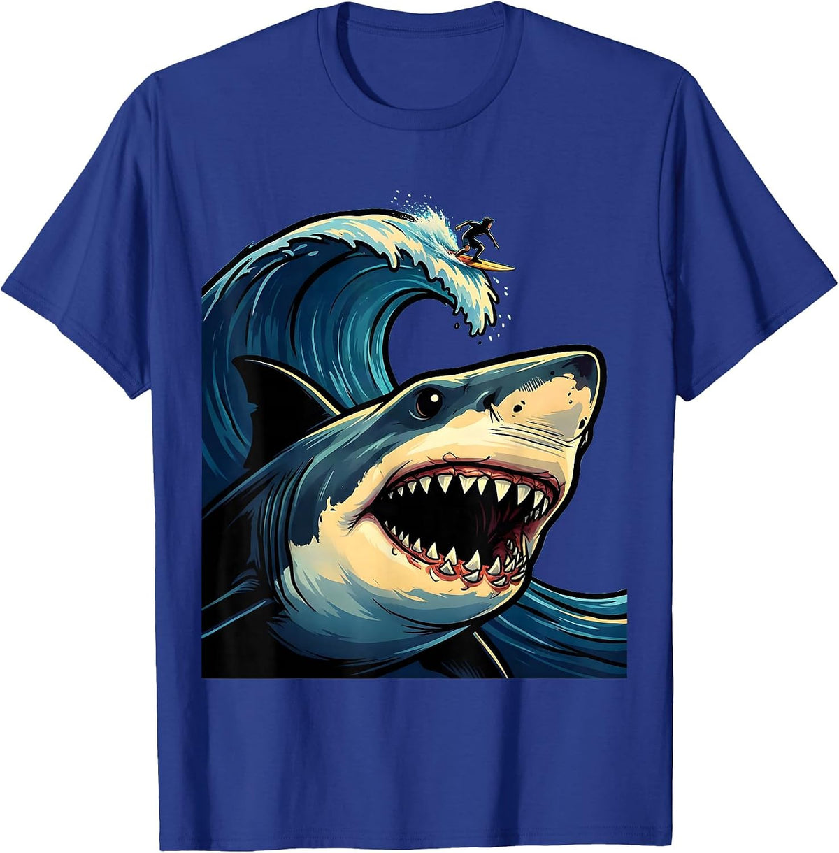 Men's Shark Silhouette Beneath Lone Surfer Graphic T-Shirt - Royal Blue