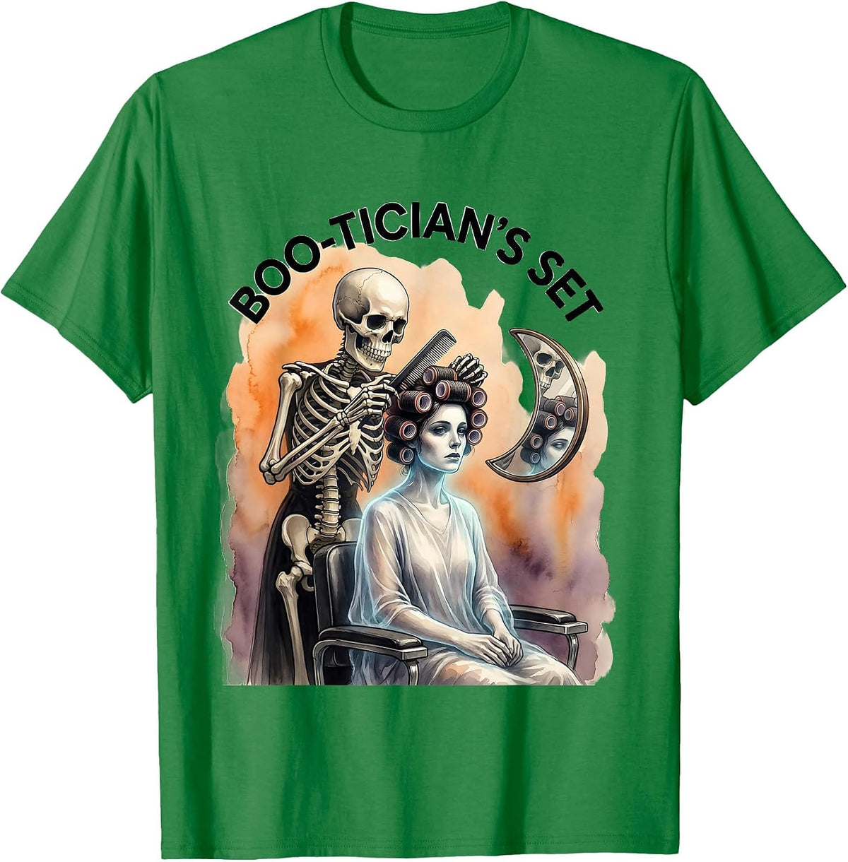 Men's Boo-Tician's Set Watercolor Skeleton Hairstylist Halloween T-Shirt - Kelly Green