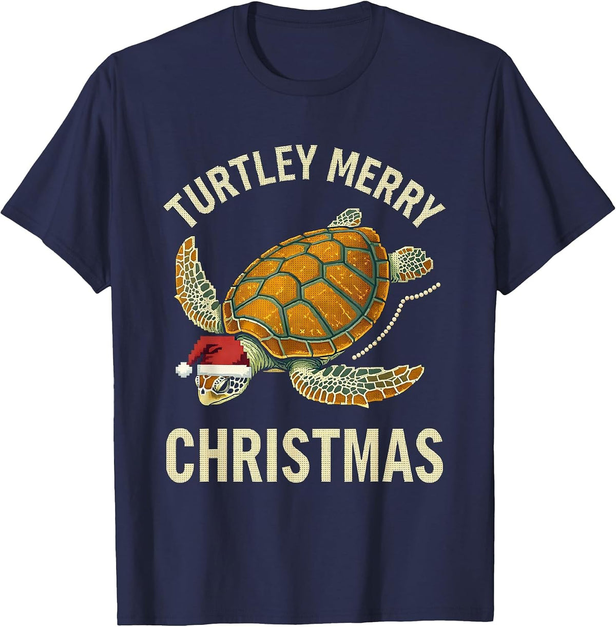 Turtley Merry Christmas Cross Stitch Sampler Sea Turtle T-Shirt - Navy Blue