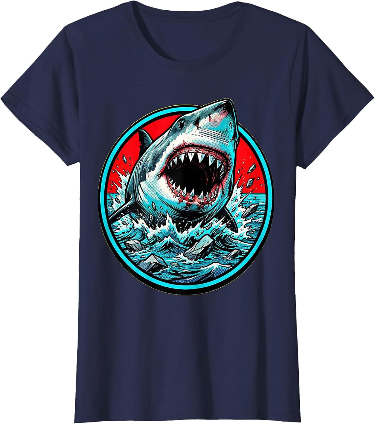 Women's Great White Shark Ocean Burst Graphic Tee T-Shirt - Navy Blue