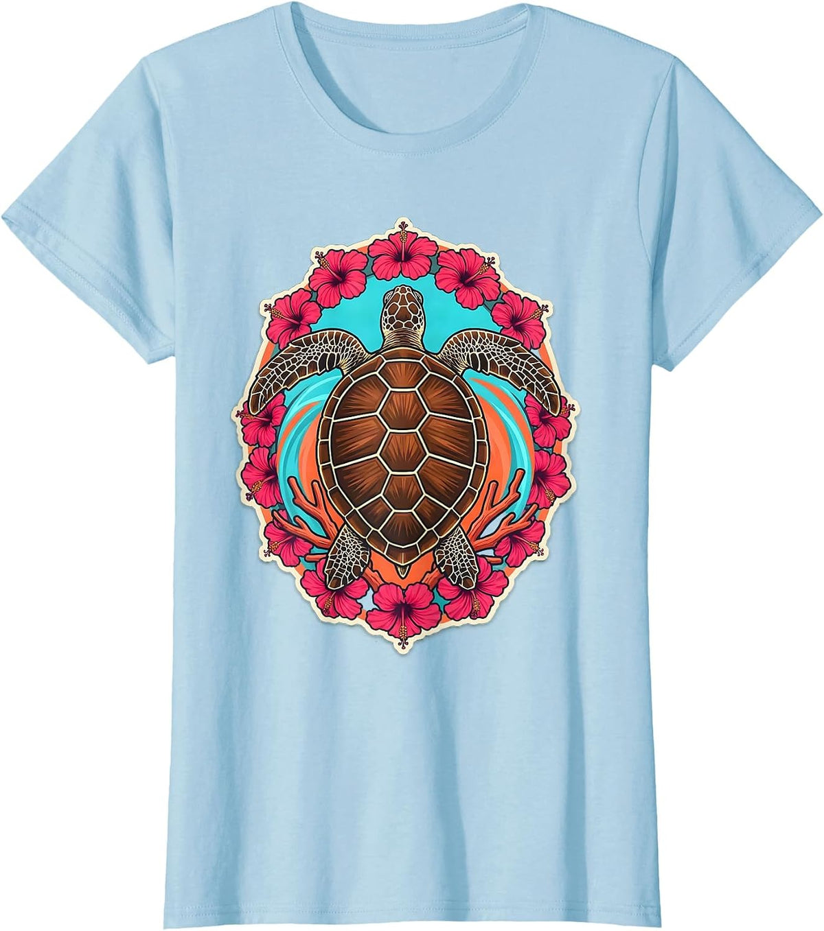 Women's Hawaii Sea Turtle Coral Reef Illustration T-Shirt - Baby Blue