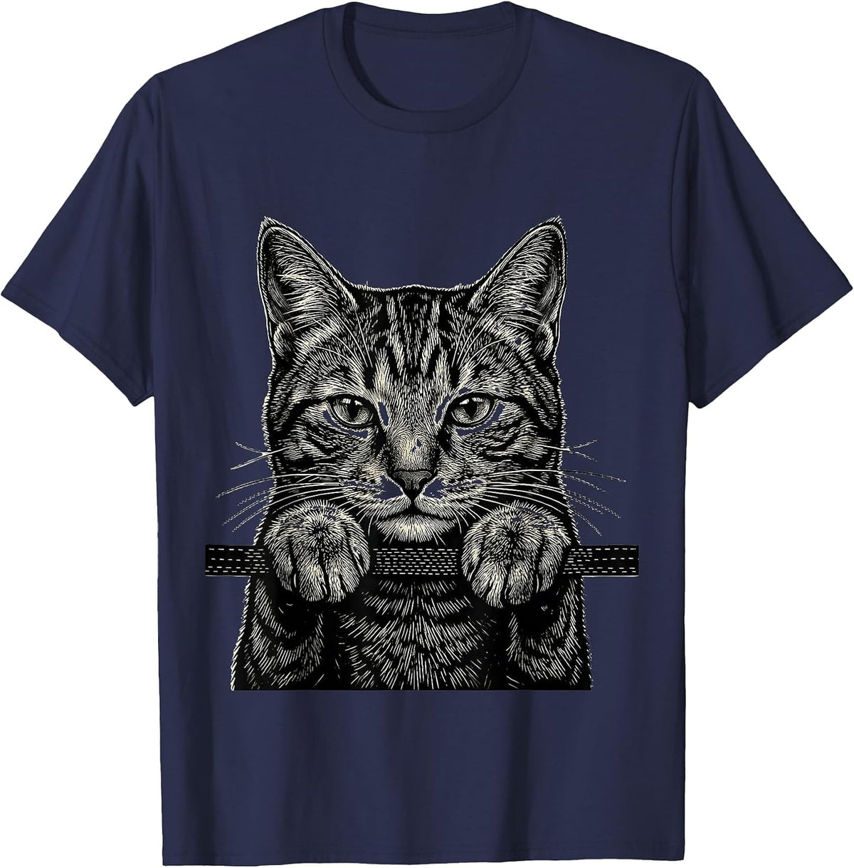 Men's Peeking Tabby Cat Pocket Playful Pet Lover Novelty T-Shirt - Navy Blue