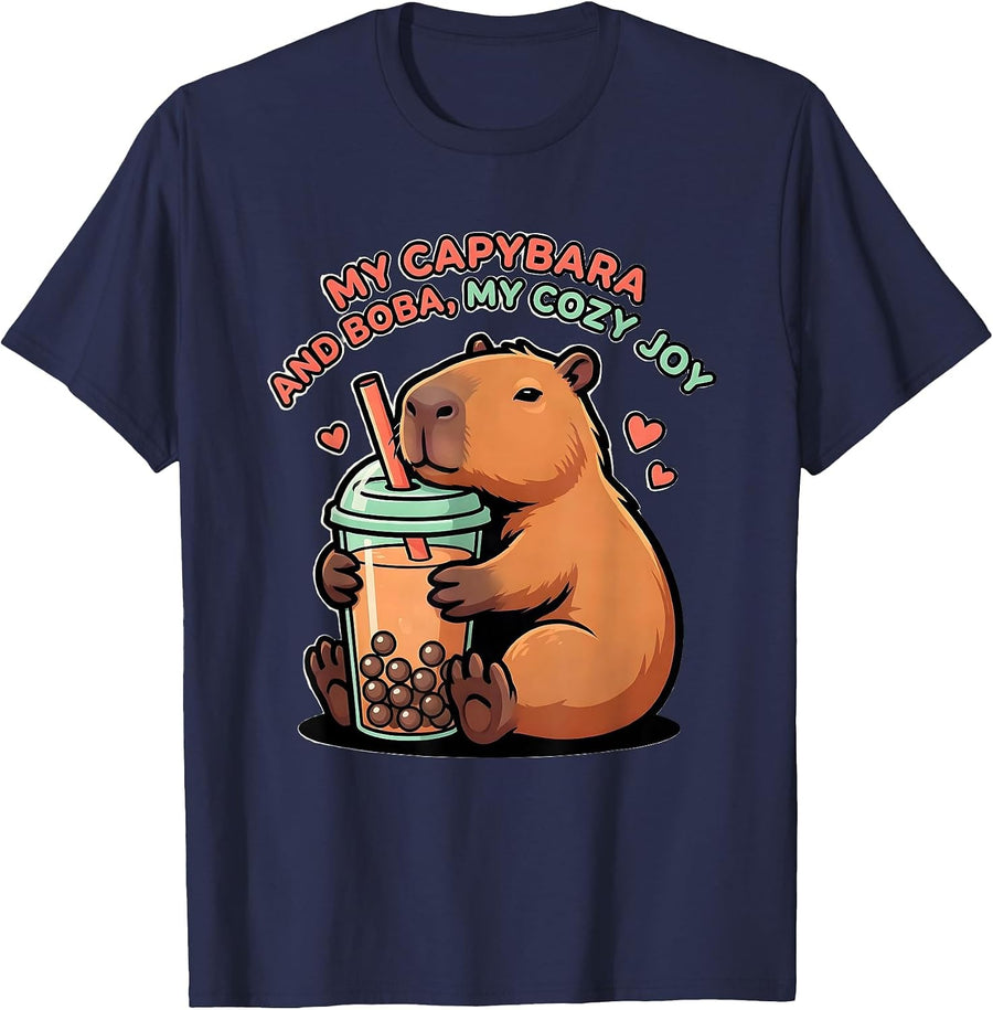 My Capybara And Boba, My Cozy Joy Cute Kawaii Anime Animal T-Shirt - Navy Blue