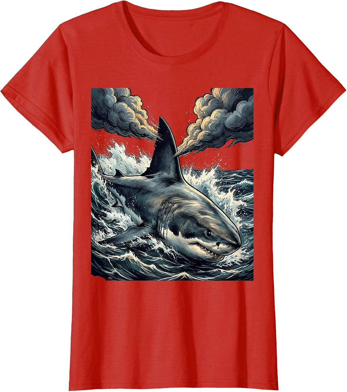 Women's Shark Dorsal Fin Storm Clouds Graphic Tee T-Shirt - Red
