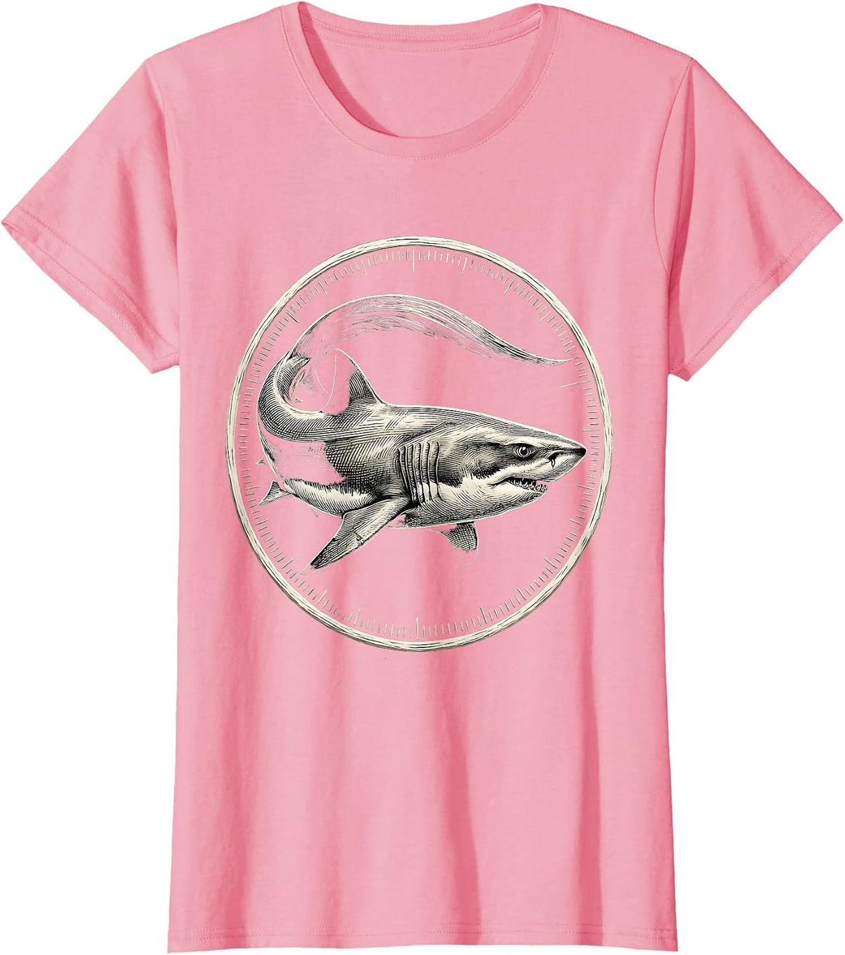 Women's Thresher Shark Engraved Badge Vintage Ocean Animal Humor T-Shirt - Pink