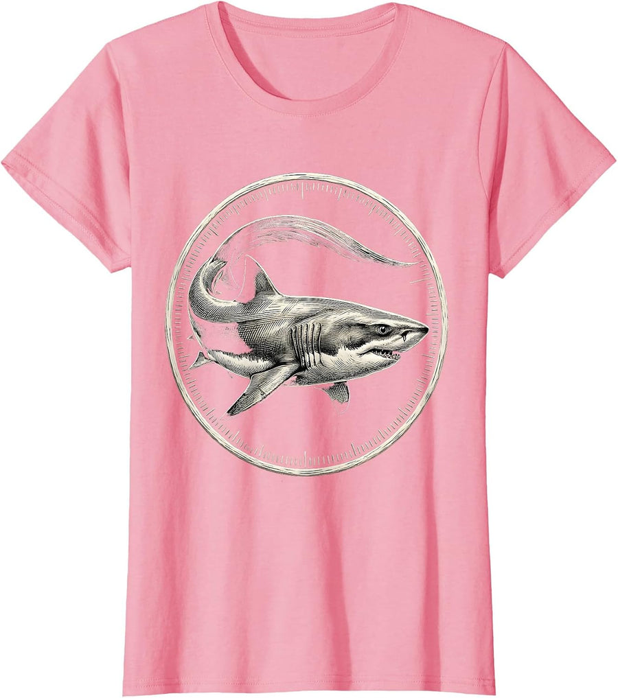 Women's Thresher Shark Engraved Badge Vintage Ocean Animal Humor T-Shirt - Pink