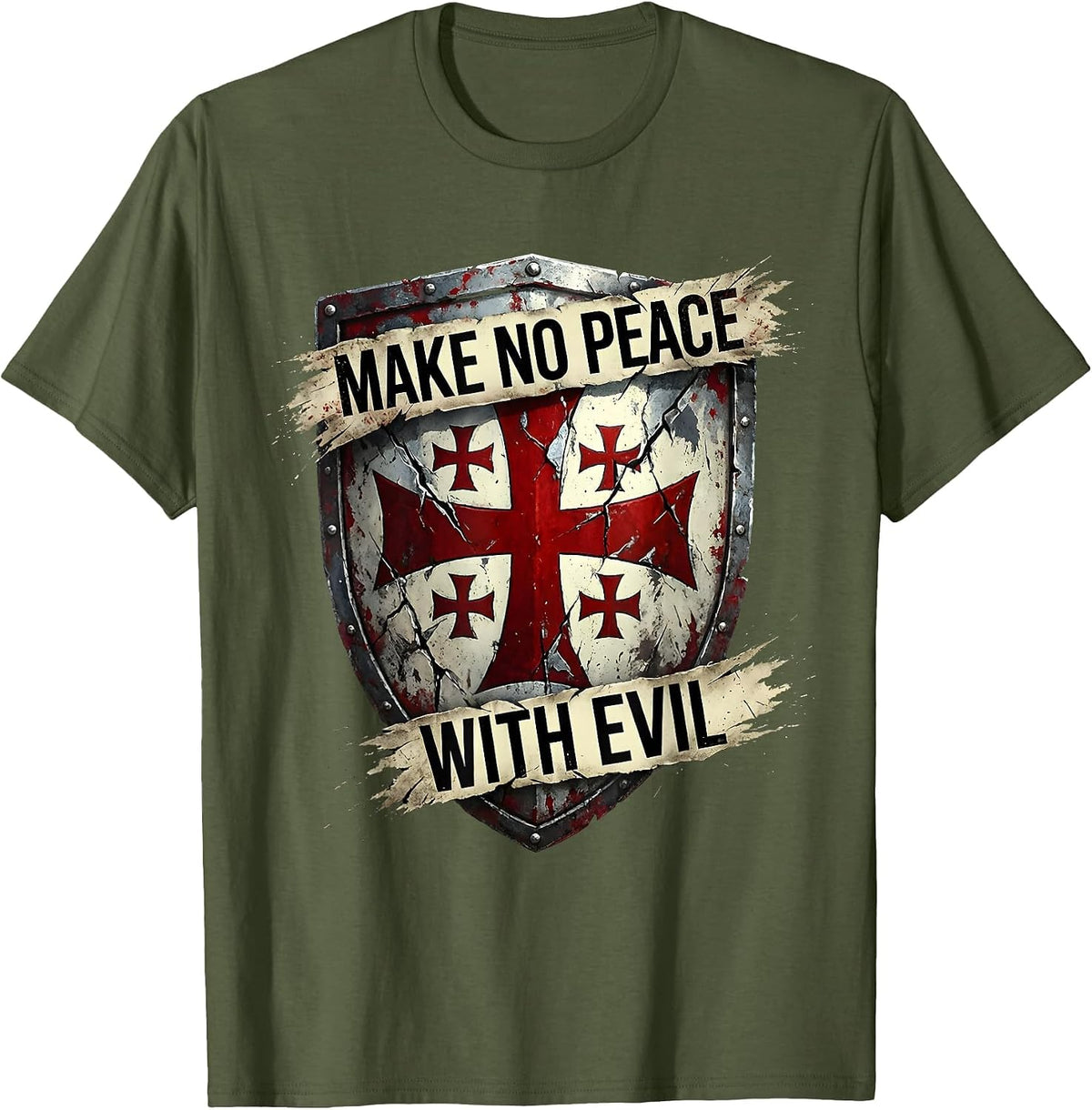 Make No Peace With Evil Jerusalem Cross Design T-Shirt - Olive Green