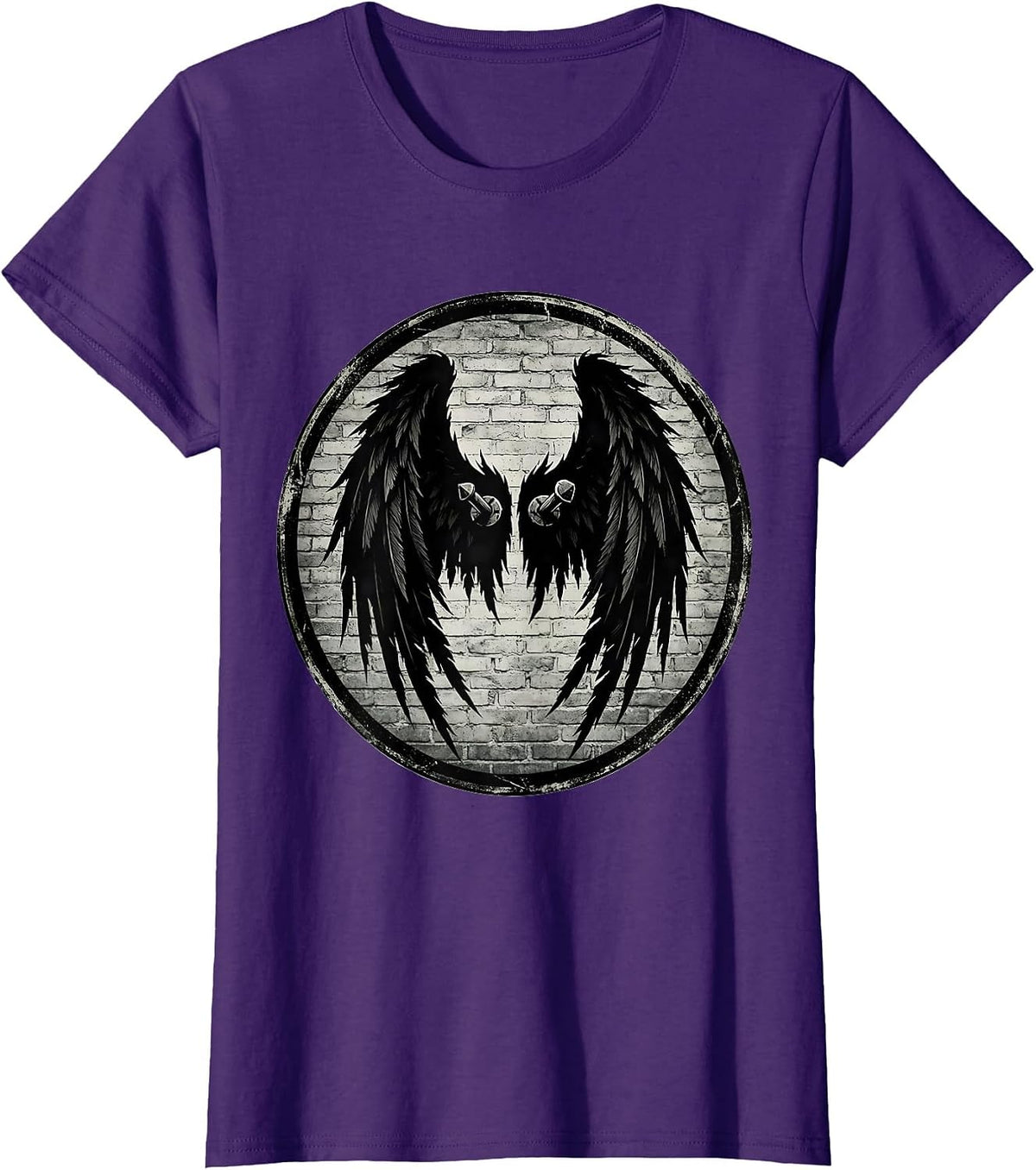 Women's Grunge Torn Angel Wings Pinned to Wall Art T-Shirt - Purple