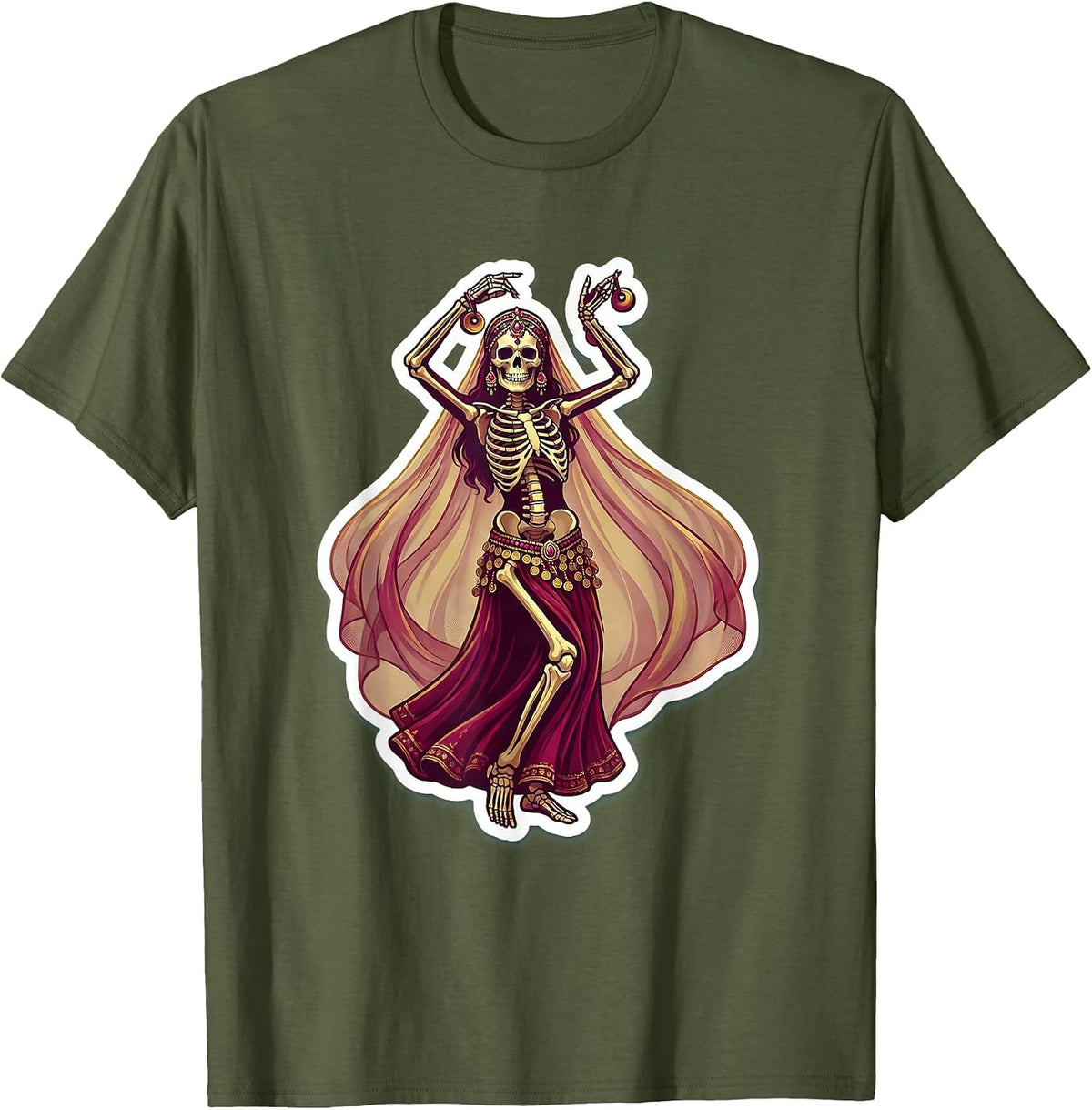 Skeleton Belly Dancer Coin Belt and Veil Illustration T-Shirt - Olive Green