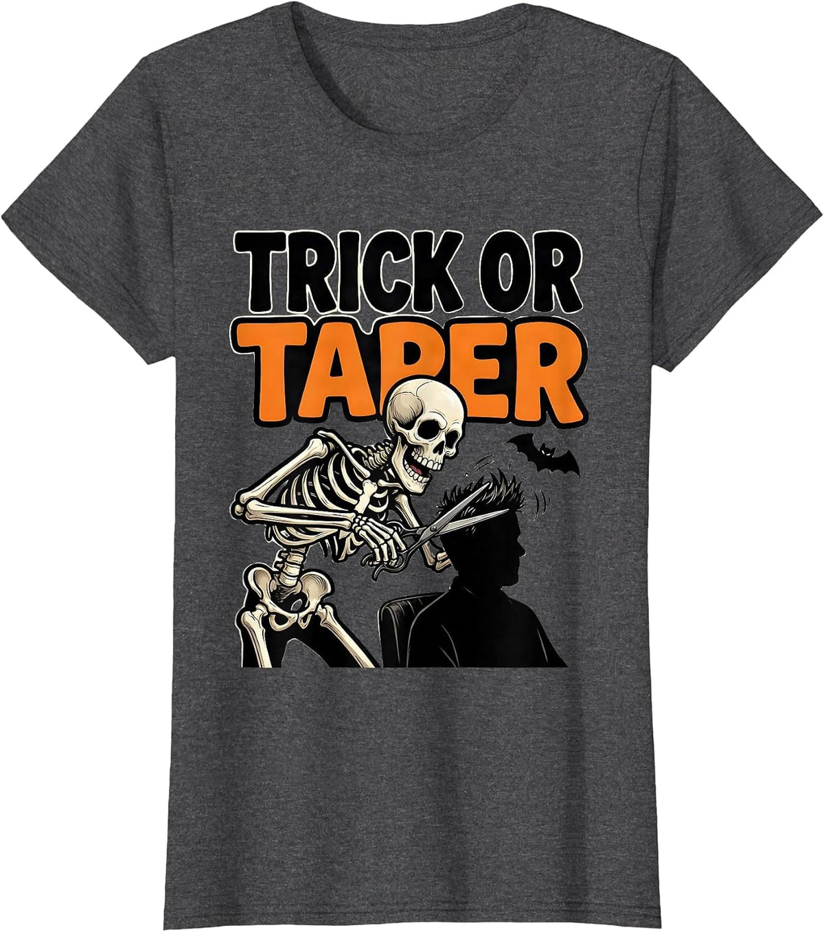Women's Trick Or Taper Funny Skeleton Barber Halloween Hairstylist T-Shirt - Dark Heather Grey