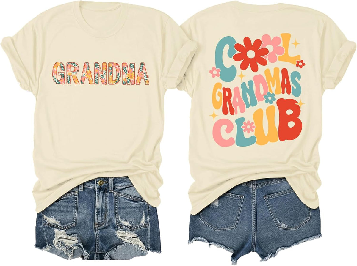 Grandma Shirt for Women Cool Grandma Club Tshirt Vintage Flower Graphic Tee - Apricot