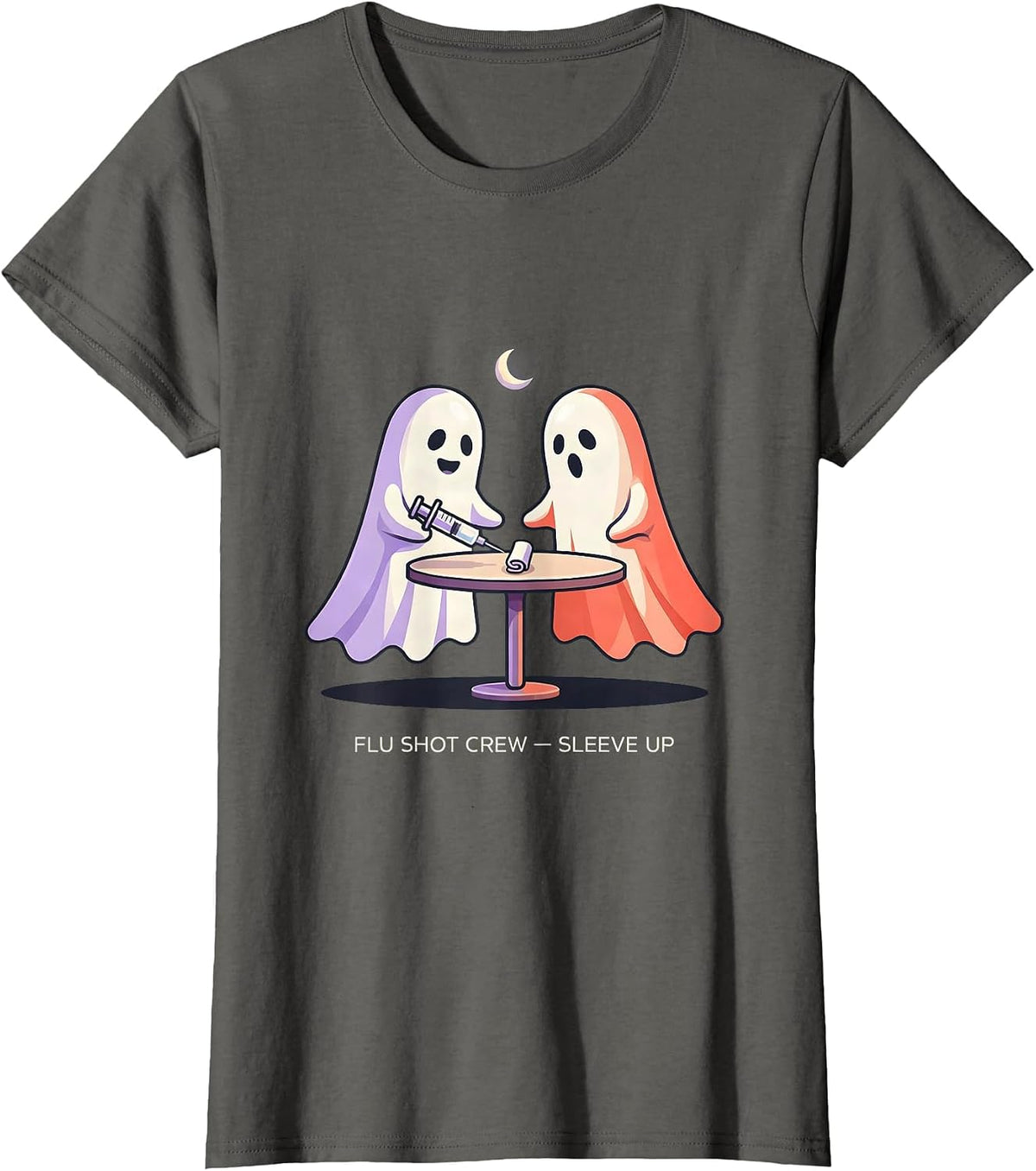 Women's Flu Shot Crew Sleeve Up Funny Halloween Nurse Ghost Vaccine T-Shirt - Asphalt Grey