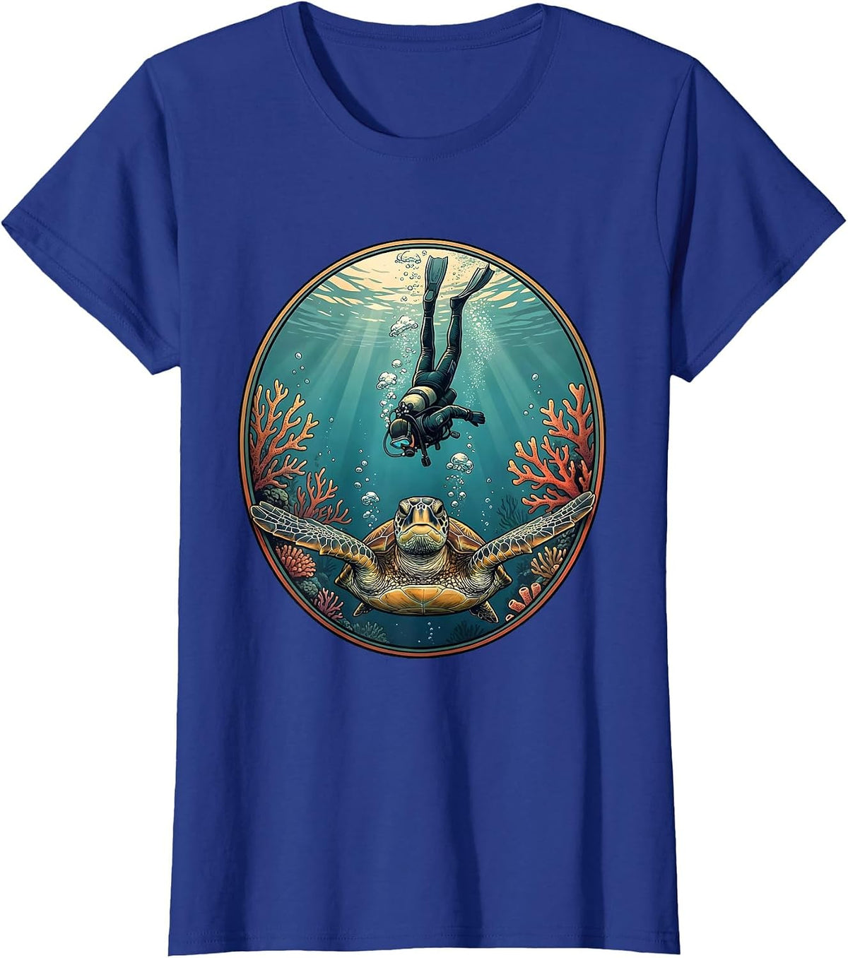 Women's Maui Diver and Sea Turtle Ocean Descent Graphic T-Shirt - Royal Blue