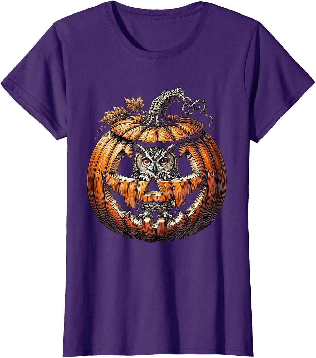 Women's Owl in Carved Pumpkin Lantern Halloween Design T-Shirt - Purple