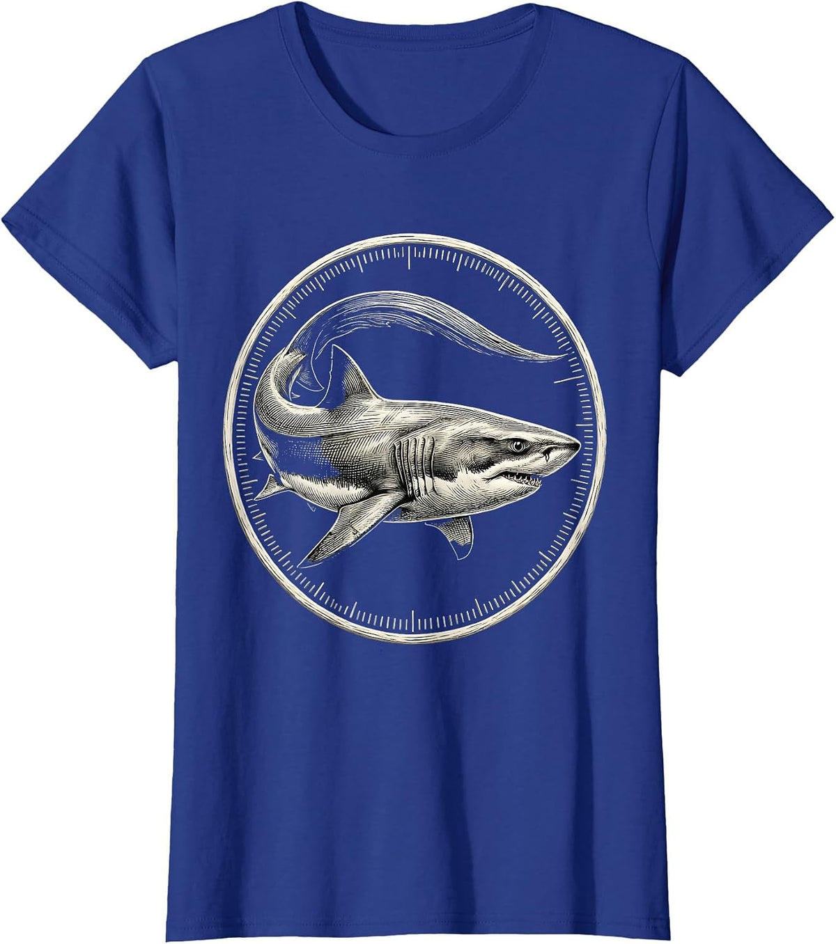 Women's Thresher Shark Engraved Badge Vintage Ocean Animal Humor T-Shirt - Royal Blue