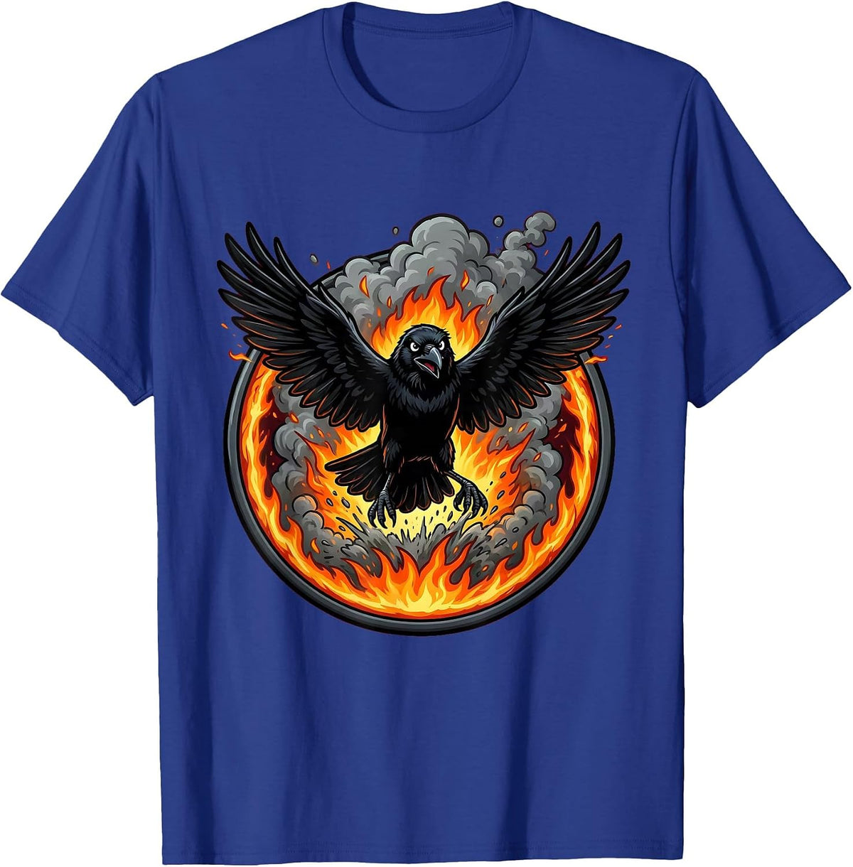 Crow Rising From Smoke and Flames Graphic T-Shirt - Royal Blue